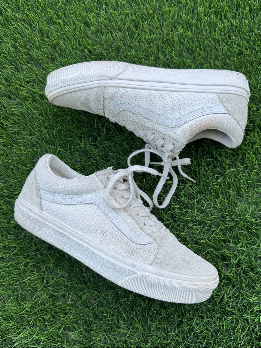 VANS Old Skool Woven Check Canvas Suede Ivory Cream Low Top Sneakers (US7, EU37)